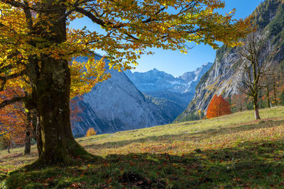 Scenic view of mountains against sky during autumn