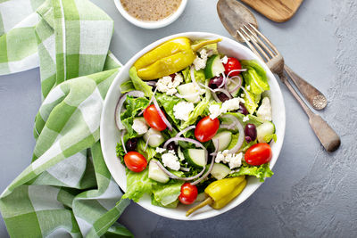 High angle view of food in plate on table