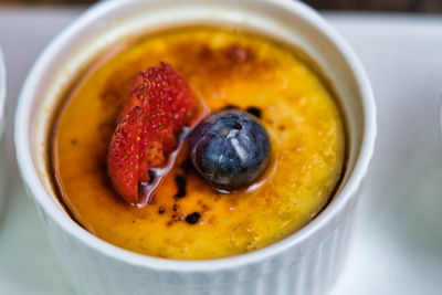 High angle view of creme brulé on table