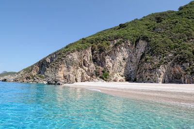 Scenic view of sea against clear blue sky