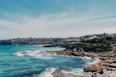 Scenic view of sea and buildings against sky