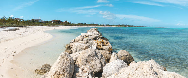 Panoramic view of sea against blue sky