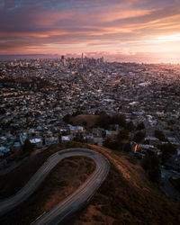 High angle view of city street during sunset