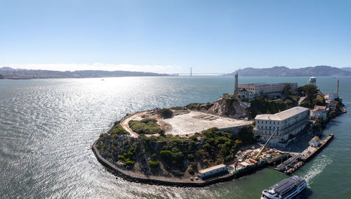 High angle view of sea against clear sky