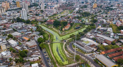 High angle view of road amidst buildings in city