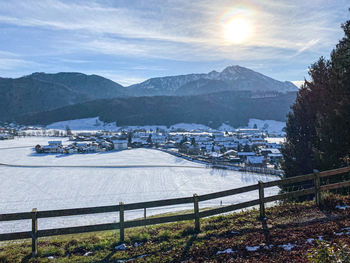 Scenic view of hochfell mountain seen from schellenberg, near bergen, chiemgau  during winter