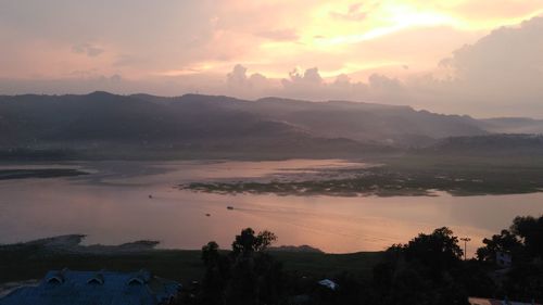 High angle view of sunset over sea