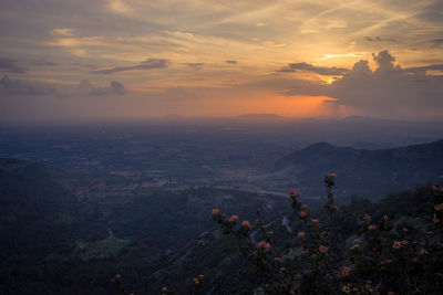 High angle view of cityscape during sunset