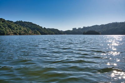 Scenic view of lake against clear blue sky