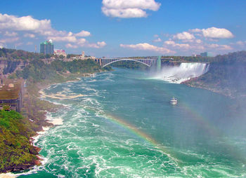 View of bridge over sea against cloudy sky