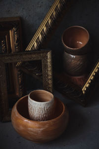 High angle view of bowl on table