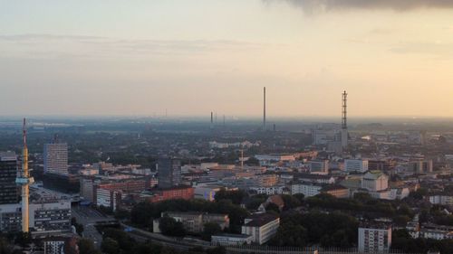 High angle view of townscape against sky during sunset