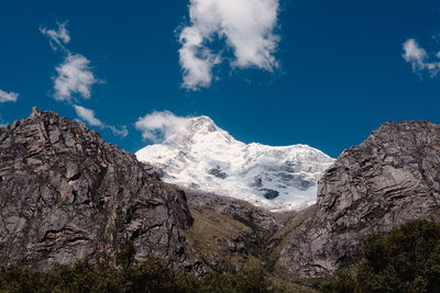 Huascaran snowy mountain seen from the llanganuco lagoon.