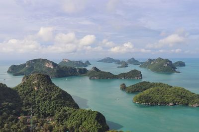 Scenic view of bay against sky