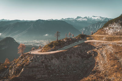 High angle view of road amidst mountains against sky