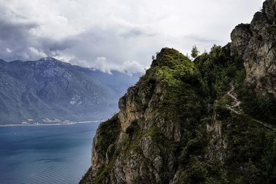 Scenic view of sea and mountains against sky