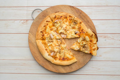 High angle view of pizza on table