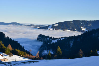 Scenic view of snowcapped mountains against clear sky