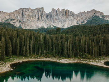 Scenic view of lake by mountains against sky