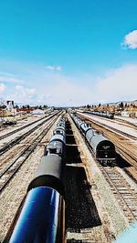 Train on railroad tracks against sky