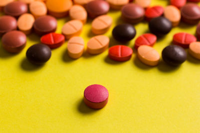 Close-up of pills over yellow background