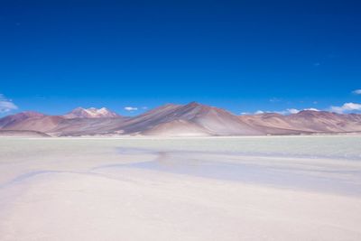 Scenic view of desert against clear blue sky