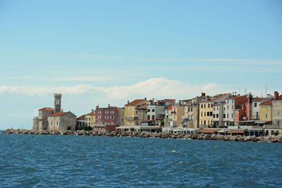 Buildings at waterfront against cloudy sky