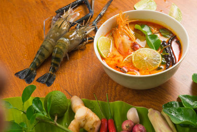 High angle view of soup in bowl on table