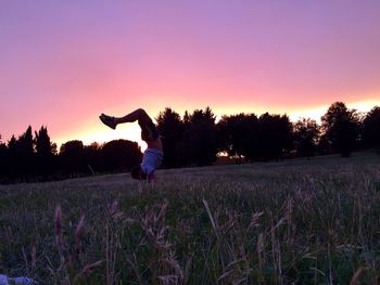 Scenic view of grassy field against sky at sunset