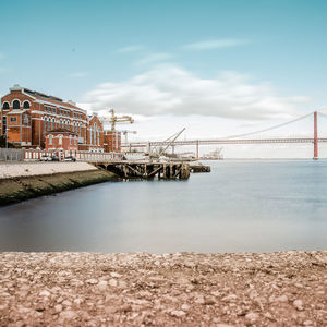 View of suspension bridge over river