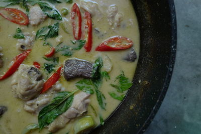 High angle view of meat in cooking pan