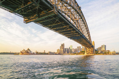 Bridge over river with buildings in background