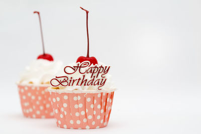 Close-up of cupcakes against white background