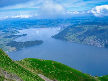 Aerial view of bay against sky