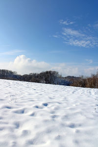 Snow covered field against sky