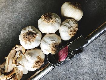 High angle view of garlic and garlic press on table