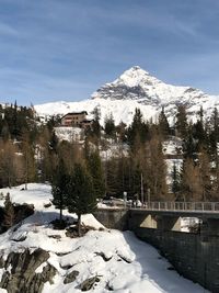 Scenic view of snow covered mountains against sky