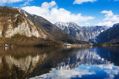 Scenic view of lake and snowcapped mountains against sky