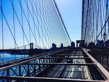 Low angle view of suspension bridge against sky