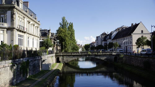 Bridge over river by buildings against sky in city