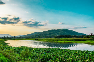 Scenic view of lake and mountains against sky