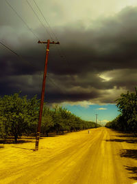 Road passing through field against cloudy sky