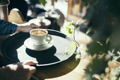 Cropped image of hands holding serving tray with coffee cup in cafe