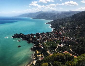 High angle view of bay against sky