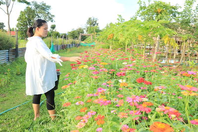 Full length of woman standing by flowering plants