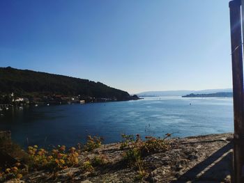 Scenic view of sea against clear blue sky