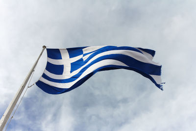 Low angle view of greek flag against sky