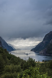 Scenic view of lysefjord against sky