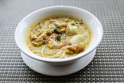 Close-up of soup in bowl on table