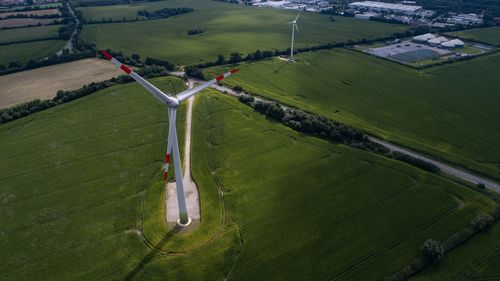 High angle view of windmill on agricultural field